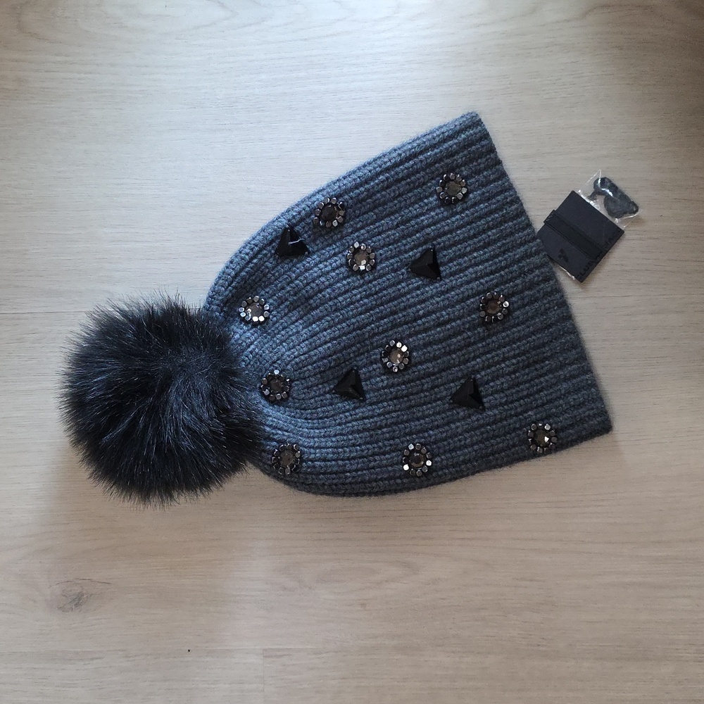 Club Monaco Dark Gray Embellished Knit Beanie with Pom